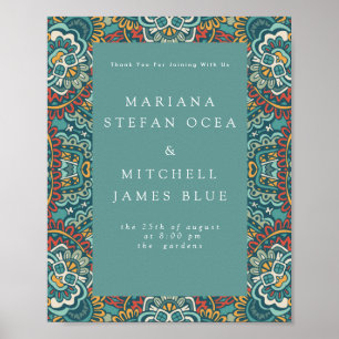 Poster Romantique géométrique Mandala doux bleu gris et r
