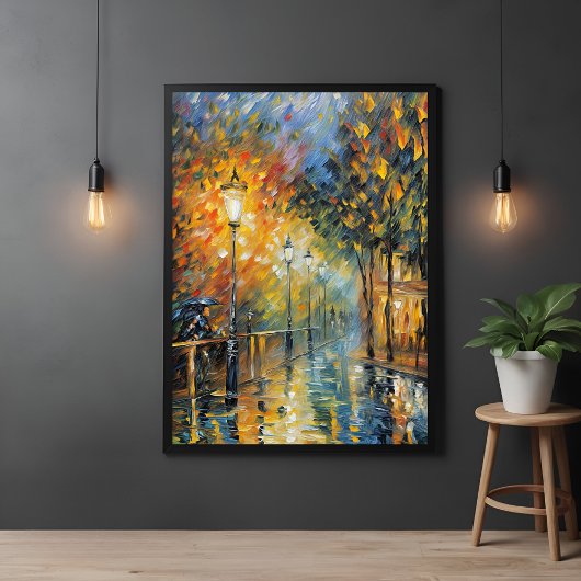 Poster Romantique Rainy soir scène de rue impressionniste