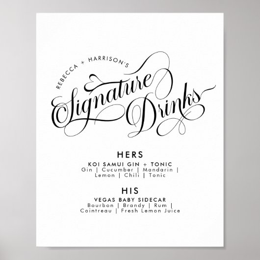 Poster Romantique Script Signature Boissons Bar Mariage (Devant)