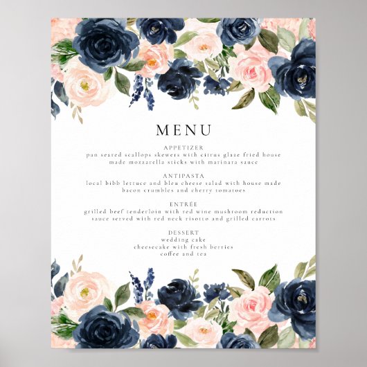 Poster Romantique & sucré Marine Blush Floral Diner Menu (Devant)