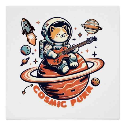 Poster Ronron cosmique - Chat guitariste astro (Devant)