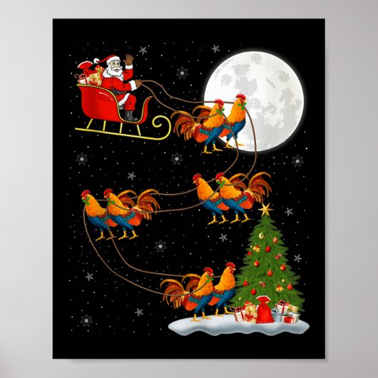 Poster Rooster Chickens Santa Sleigh Flying Funny Magical (Devant)