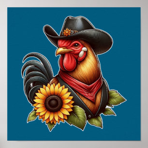 Poster Rooster coloré en Casquette Cowboy avec tournesol