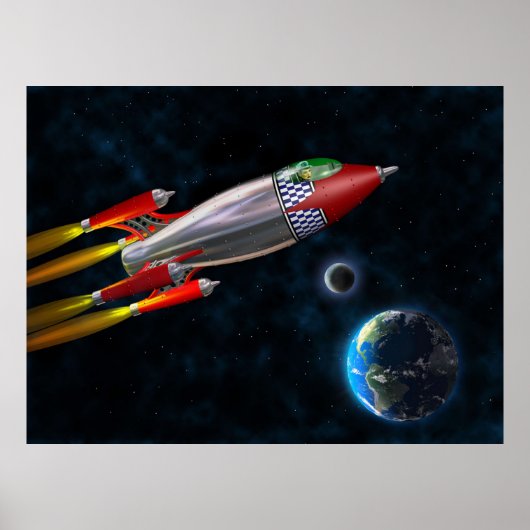 Poster Roquette rétro dans l'espace (Devant)