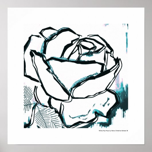 Poster Rose Aqua Blanc Noir Moderne - Fleur Pop Art (Devant)