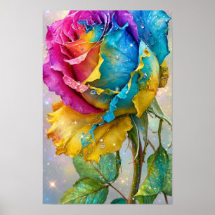 Poster Rose Arc-en-Ciel Étincelle - Rose Bleu Jaune Color