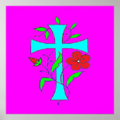 POSTER ROSE BLANCHE AVEC CROIX BLEUE ET FLEURS ROUGES (Devant)