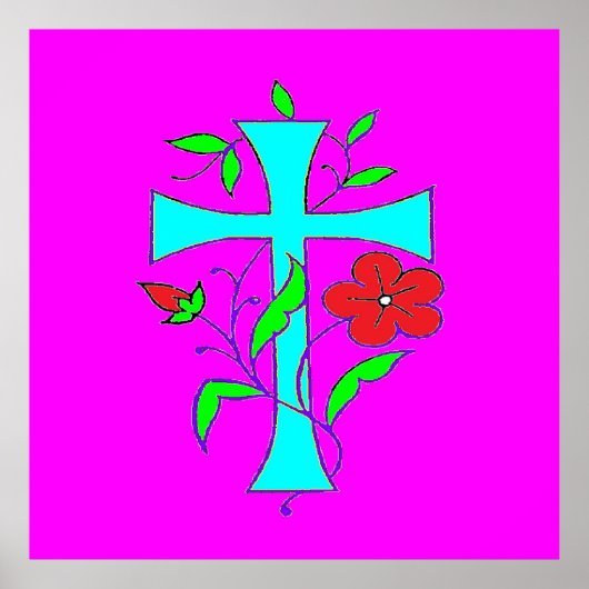 POSTER ROSE BLANCHE AVEC CROIX BLEUE ET FLEURS ROUGES (Devant)
