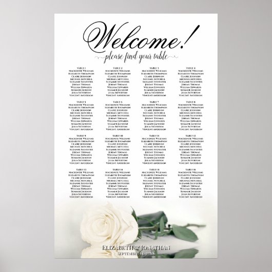 Poster Rose Blanche Élégante Plan de table de mariage à 1 (Devant)