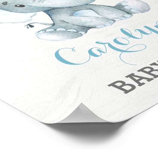 Poster Rose bleu Elephant Baby shower garçon Bienvenue (Coin)