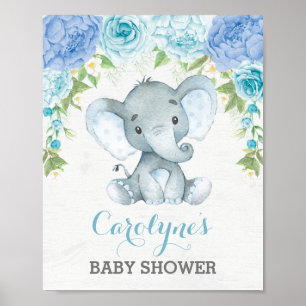 Poster Rose bleu Elephant Baby shower garçon Bienvenue