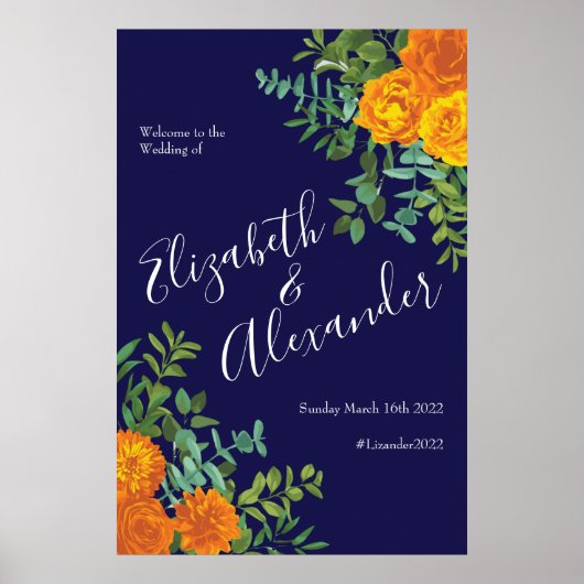 Poster Rose bleu et orange Floral Mariage moderne (Devant)