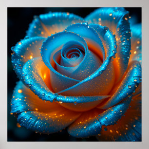 Poster Rose Bleue Vibrante avec Gouttes de Rosée en Contr