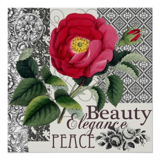 Poster Rose Damask Joli Floral Antique (Devant)