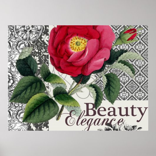 Poster Rose Damask Jolie Florale Antique (Devant)