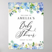 Poster Rose d'aquarelle bleu et Baby shower Hydrangea (Devant)