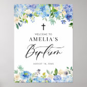 Poster Rose d'aquarelle bleu et Hydrangea Baptême (Devant)