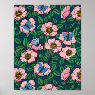 Poster Rose de chien et papillons