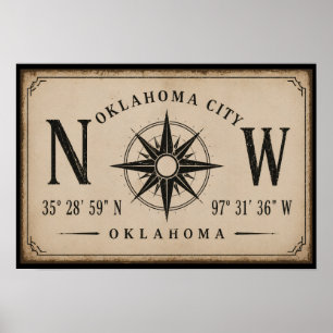 Poster Rose des vents coordonnées vintage Oklahoma City