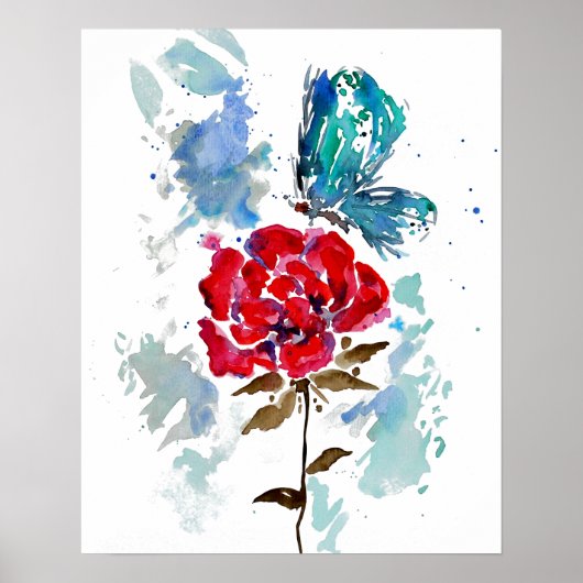 Poster rose et papillon en aquarelle Imprimer (Devant)