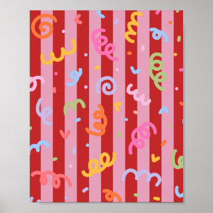 Poster Rose et rouge rayé, avec motif de confettis