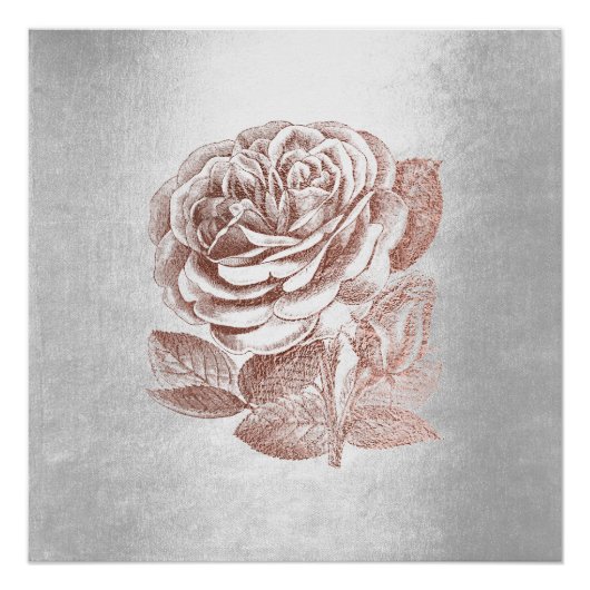 Poster Rose Floral Métallique Rose Or Silver Gris Minimal (Devant)