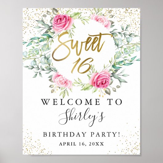 Poster Rose Floral Vert Or Script Sweet 16 Anniversaire (Devant)