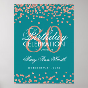 Poster Rose Gold 80th Birthday Glitter Confetti Teal