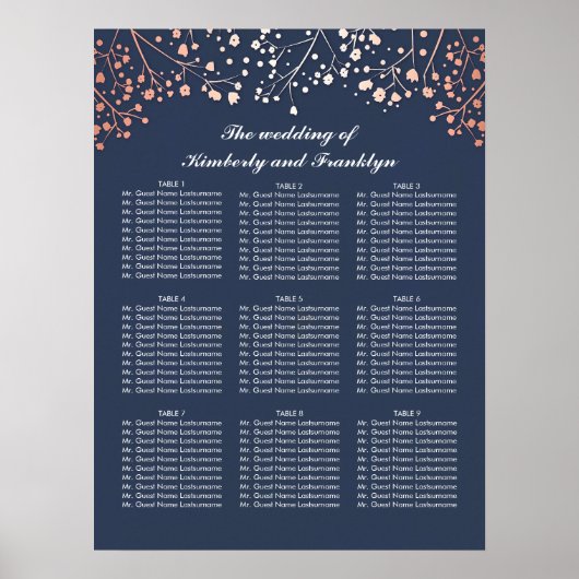 Poster Rose Gold Baby's Breath Mariage Seating Chart (Devant)