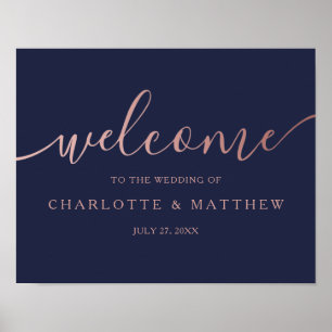 Poster Rose Gold Calligraphie Marine Bienvenue Mariage Po