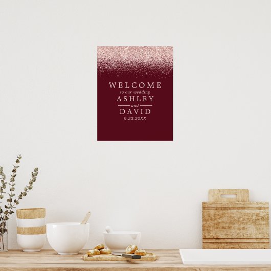 Poster Rose Gold Confetti Bourgogne Chic Mariage Bienvenu (Cuisine)