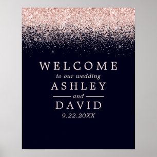 Poster Rose Gold Confetti Marine Blue Chic Mariage Bienve