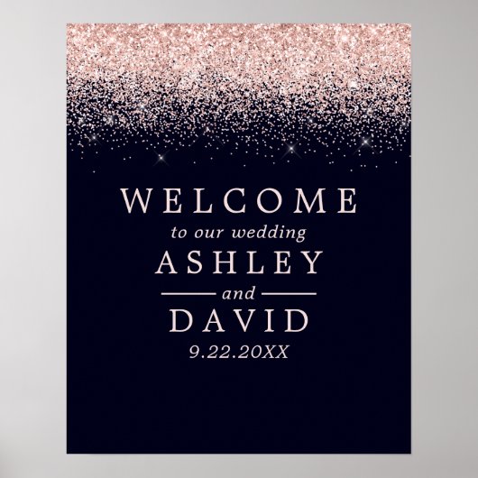 Poster Rose Gold Confetti Marine Blue Chic Mariage Bienve (Devant)
