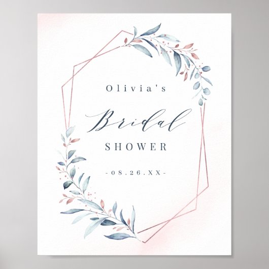 Poster Rose Gold Dusty Blue Greenery Fête des mariées (Devant)