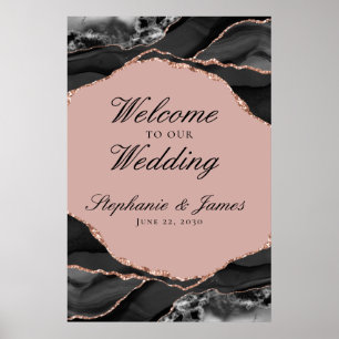 Poster Rose Gold Élégant Feuille d'Agate Mariage Bienvenu