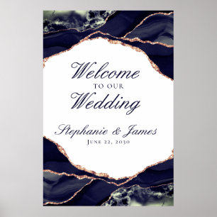 Poster Rose Gold Élégant Feuille de Navy Agate Mariage Bi