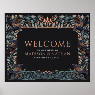 Poster Rose Gold Enchanted Raven Floral Mariage de Bienve