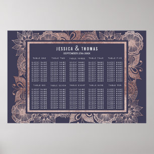 Poster Rose Gold Floral et Marine Blue Seating Chart