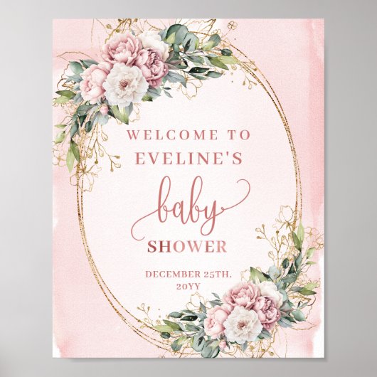 Poster Rose Gold Floral Eucalyptus Welcome Baby Shower  (Devant)