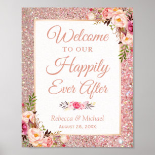 Poster Rose Gold Floral Heureux Jamais après le signe Mar