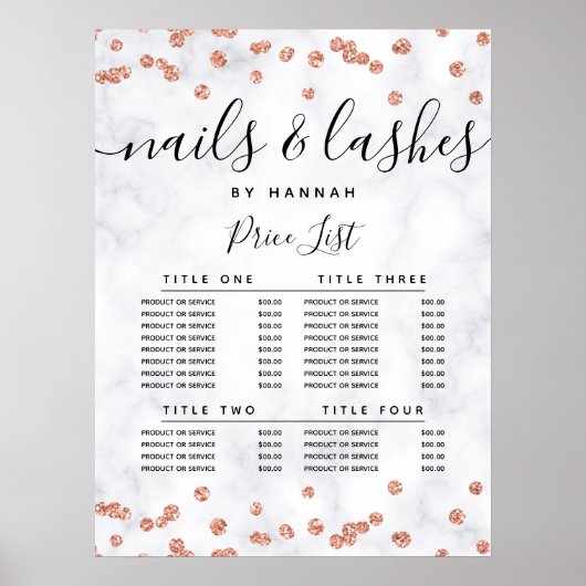 Poster Rose Gold Glitter Confetti Marble Price Menu  (Devant)