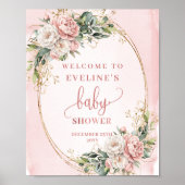 Poster Rose Gold Glitter Floral Welcome Baby Shower Sign (Devant)