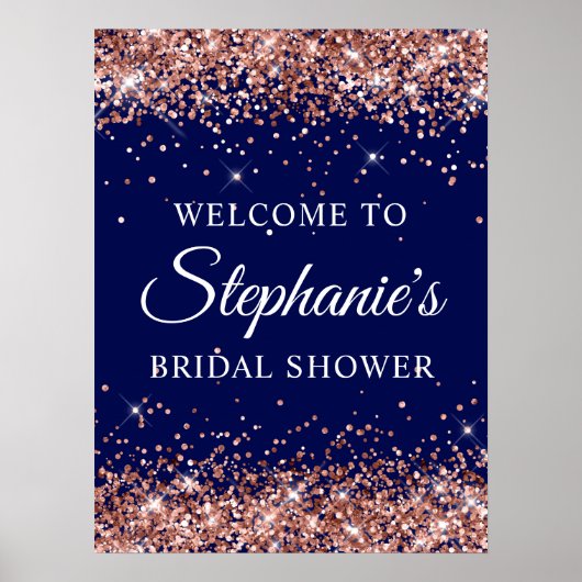 Poster Rose Gold Glitter Navy Bridal Shower Welcome (Devant)