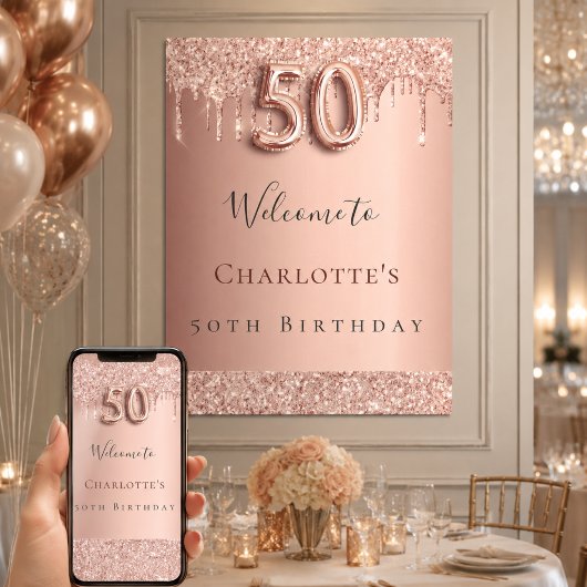 Poster rose gold invitation fête 50 ans