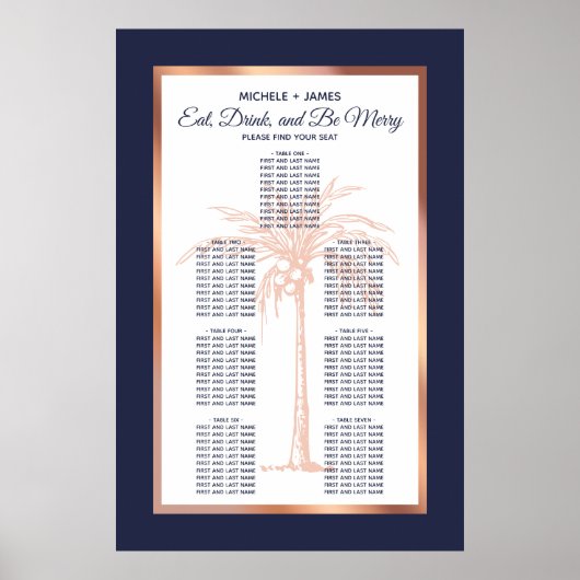 Poster Rose Gold Marine Palm Tropical Mariage Seing Chart (Devant)