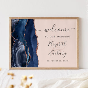 Poster Rose Gold Nacre Bleu Marine Mariage Bienvenue