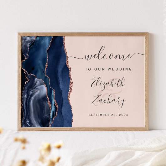 Poster Rose Gold Nacre Bleu Marine Mariage Bienvenue