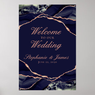 Poster Rose Gold Navy Elégant Accueil de Mariage en Agate