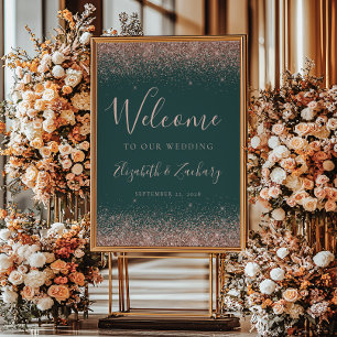 Poster Rose Gold Pailleté Bienvenue Mariage Vert Foncé