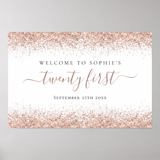 Poster Rose Gold Pailleté Nom Date Bienvenue Script 21ème (Devant)